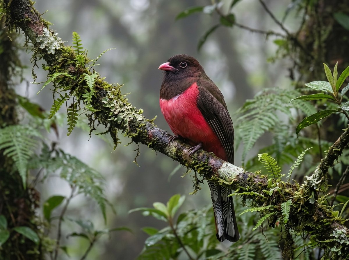 Exotic Ward's Trogon in the moss-draped cloud forest of Eaglenest Wildlife Sanctuary