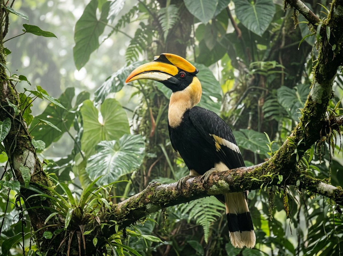 Majestic Great Hornbill perched in the rainforest canopy of Pakke Tiger Reserve