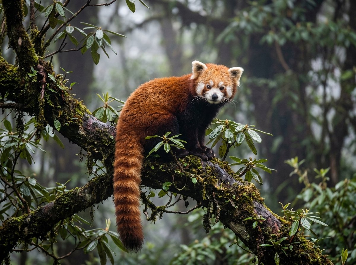 Wild Red Panda nestled in rhododendron tree Arunachal Pradesh