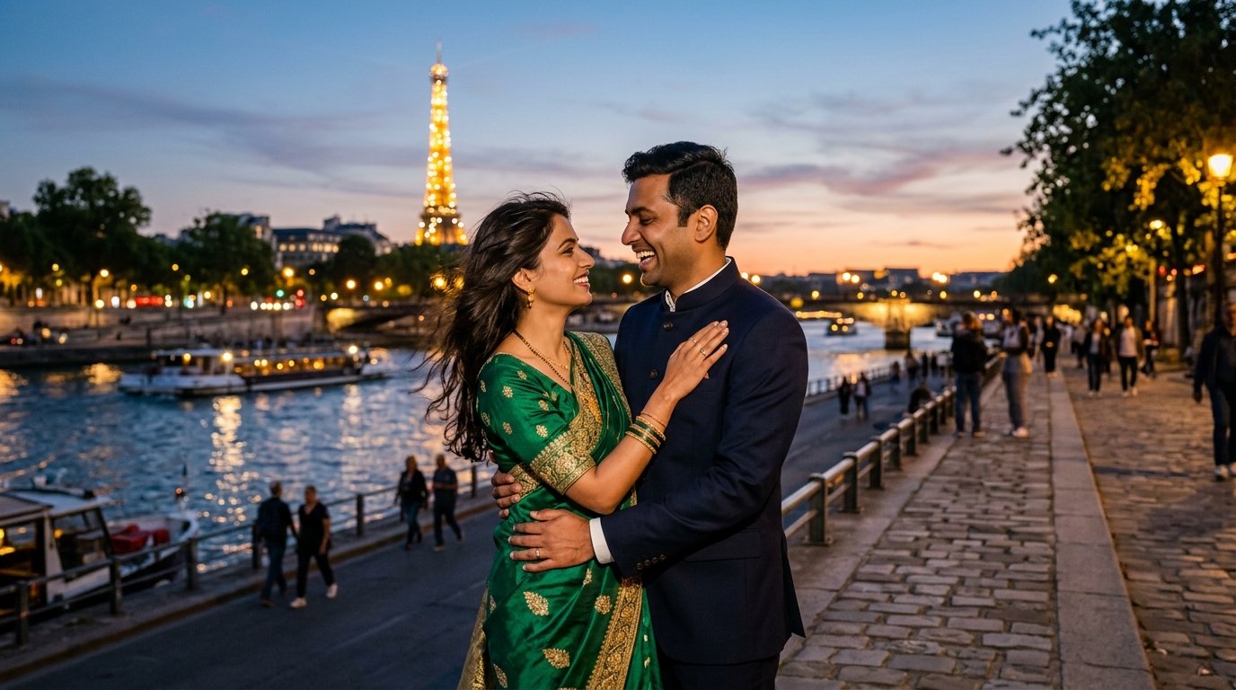 Romantic Couple in Paris with Eiffel Tower Honeymoon