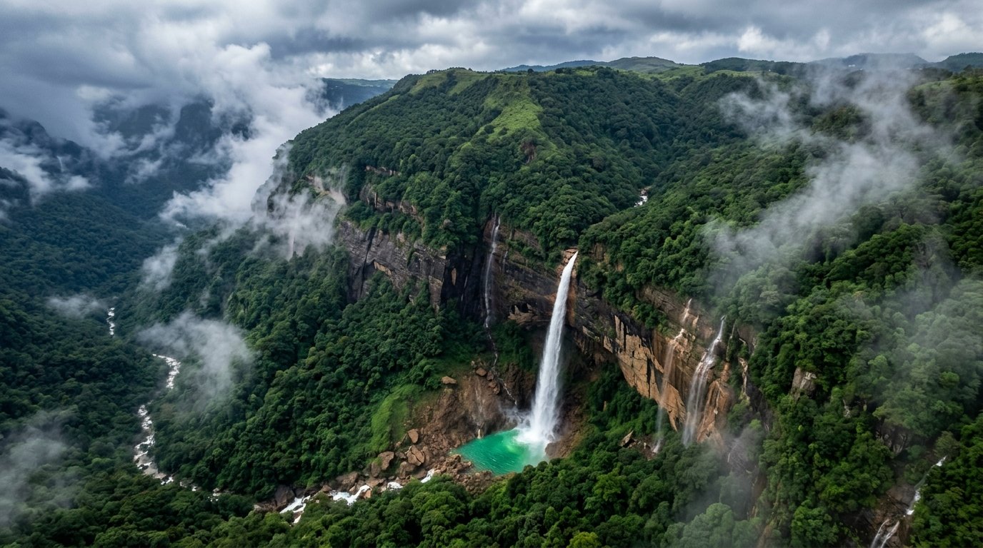Nohkalikai Falls and dramatic cliffs of Cherrapunji Sohra